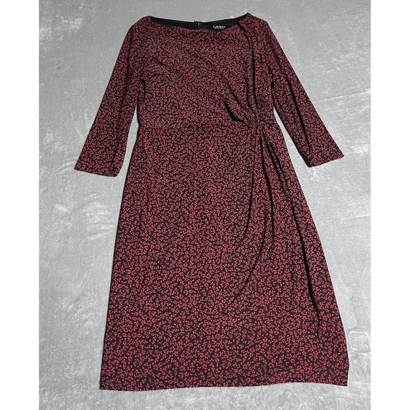 Lauren Ralph Lauren Dress Womens 4 Red Black Leaf Faux Wrap Whimsy Black Label - Picture 1 of 5